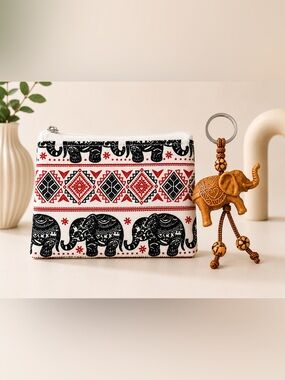 Bundle Thai Elephant Zipper Pouch + Wooden Elephant Keychain